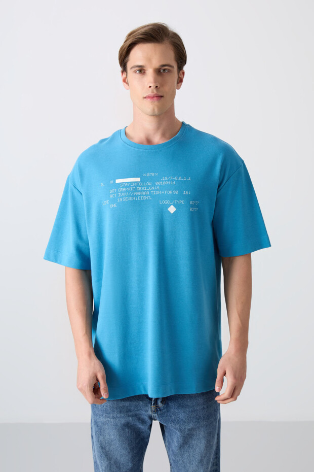 Petrol Mavi Pamuklu Kalın Yumuşak Dokulu Oversize Fit Baskılı Erkek T-Shirt - 88326 - 4