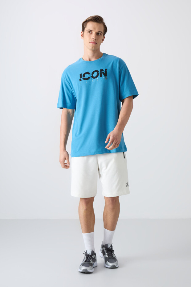 Petrol Mavi Pamuklu Kalın Yumuşak Dokulu Oversize Fit Baskılı Erkek T-Shirt - 88331 - 2