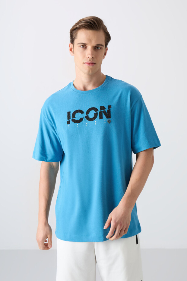 Petrol Mavi Pamuklu Kalın Yumuşak Dokulu Oversize Fit Baskılı Erkek T-Shirt - 88331 - 1