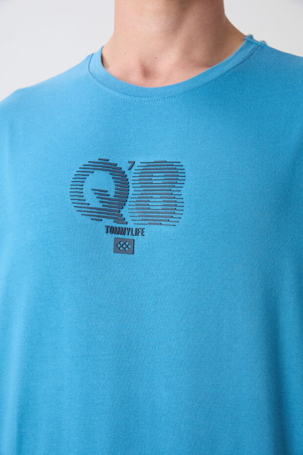 Petrol Mavi Pamuklu Kalın Yumuşak Dokulu Oversize Fit Baskılı Erkek T-Shirt - 88333 - 3