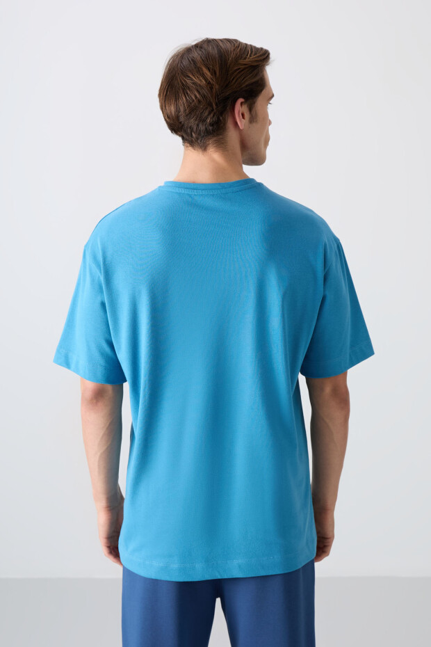 Petrol Mavi Pamuklu Kalın Yumuşak Dokulu Oversize Fit Baskılı Erkek T-Shirt - 88333 - 5