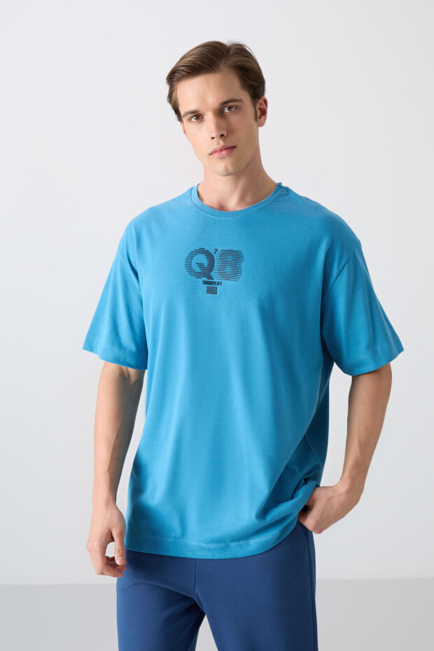 Petrol Mavi Pamuklu Kalın Yumuşak Dokulu Oversize Fit Baskılı Erkek T-Shirt - 88333 - 1