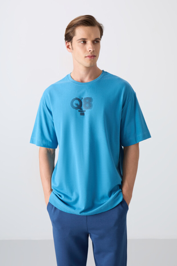 Petrol Mavi Pamuklu Kalın Yumuşak Dokulu Oversize Fit Baskılı Erkek T-Shirt - 88333 - 4