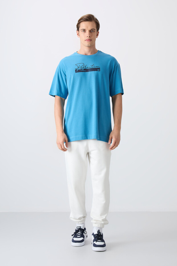 Petrol Mavi Pamuklu Kalın Yumuşak Dokulu Oversize Fit Baskılı Erkek T-Shirt - 88334 - 2