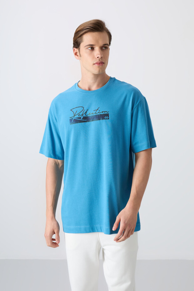 Petrol Mavi Pamuklu Kalın Yumuşak Dokulu Oversize Fit Baskılı Erkek T-Shirt - 88334 - 1