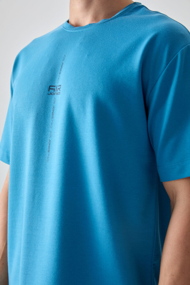 Petrol Mavi Pamuklu Kalın Yumuşak Dokulu Oversize Fit Baskılı Erkek T-Shirt - 88373 - 3
