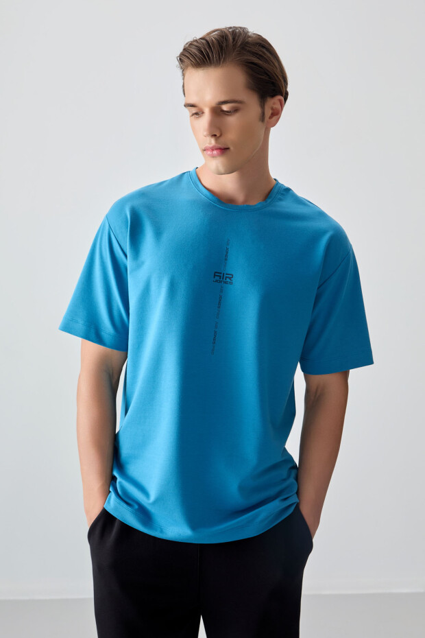 Petrol Mavi Pamuklu Kalın Yumuşak Dokulu Oversize Fit Baskılı Erkek T-Shirt - 88373 - 2