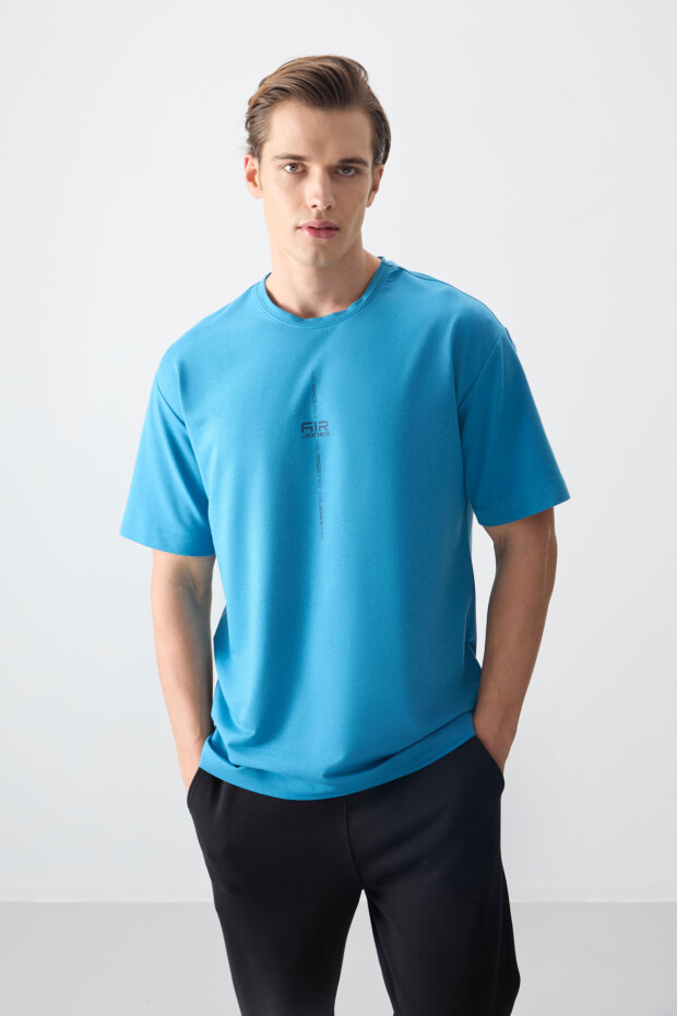 Petrol Mavi Pamuklu Kalın Yumuşak Dokulu Oversize Fit Baskılı Erkek T-Shirt - 88373 - 1