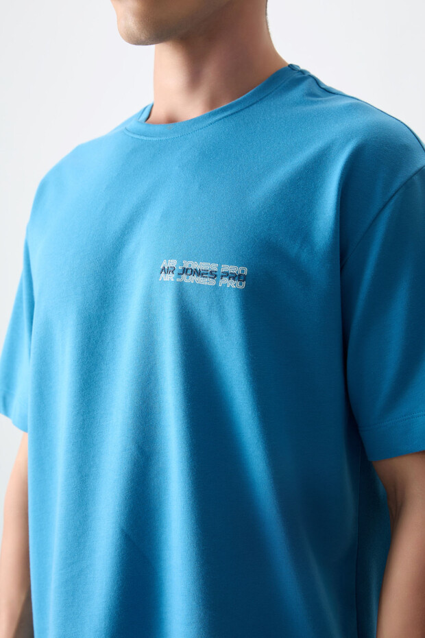 Petrol Mavi Pamuklu Kalın Yumuşak Dokulu Oversize Fit Baskılı Erkek T-Shirt - 88375 - 3