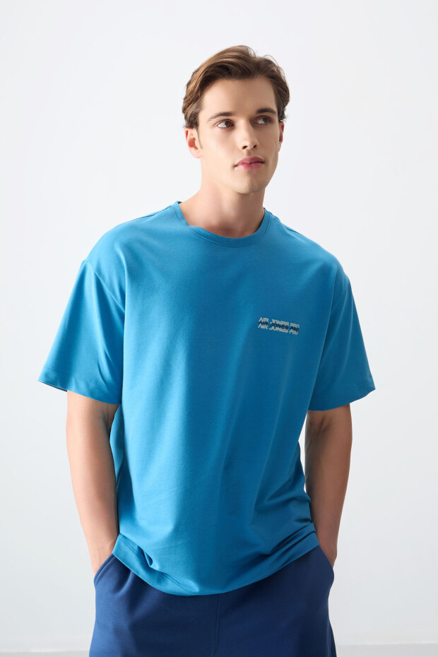 Petrol Mavi Pamuklu Kalın Yumuşak Dokulu Oversize Fit Baskılı Erkek T-Shirt - 88375 - 5
