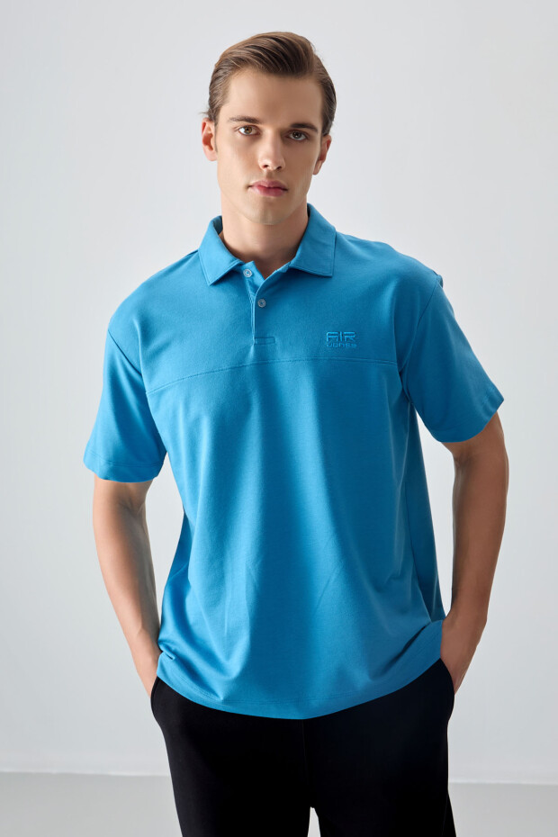 Petrol Mavi Pamuklu Kalın Yumuşak Dokulu Polo Yaka Oversize Fit Basic Erkek T- Shirt - 88382 - 4