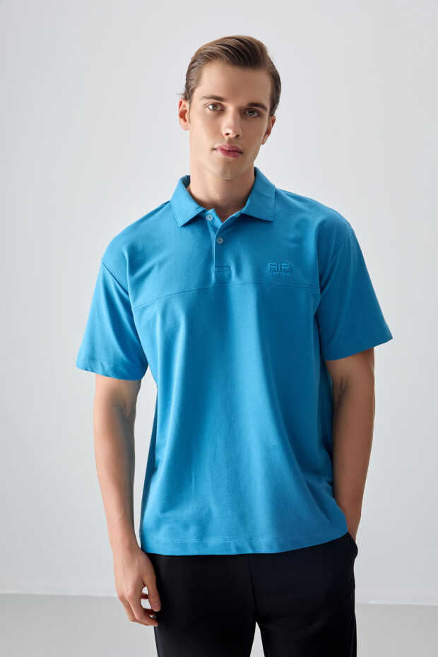Petrol Mavi Pamuklu Kalın Yumuşak Dokulu Polo Yaka Oversize Fit Basic Erkek T- Shirt - 88382 - 1
