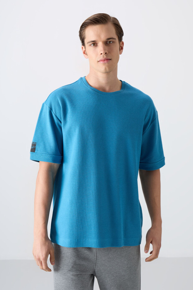 Petrol Mavi Pamuklu Kalın Yüzeyi Dokulu Oversize Fit Basic Erkek T-Shirt - 88339 - 1