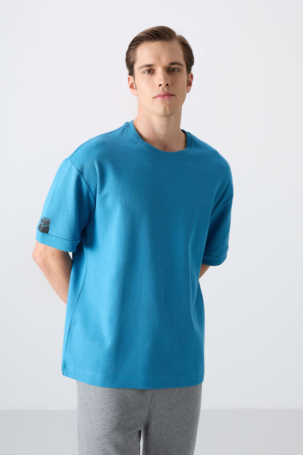 Petrol Mavi Pamuklu Kalın Yüzeyi Dokulu Oversize Fit Basic Erkek T-Shirt - 88339 - 2
