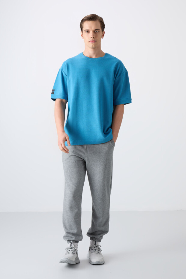 Petrol Mavi Pamuklu Kalın Yüzeyi Dokulu Oversize Fit Basic Erkek T-Shirt - 88339 - 3