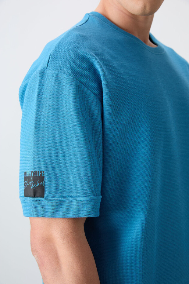Petrol Mavi Pamuklu Kalın Yüzeyi Dokulu Oversize Fit Basic Erkek T-Shirt - 88339 - 4