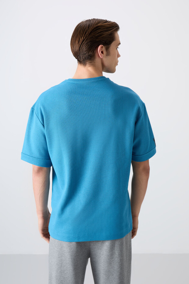 Petrol Mavi Pamuklu Kalın Yüzeyi Dokulu Oversize Fit Basic Erkek T-Shirt - 88339 - 5