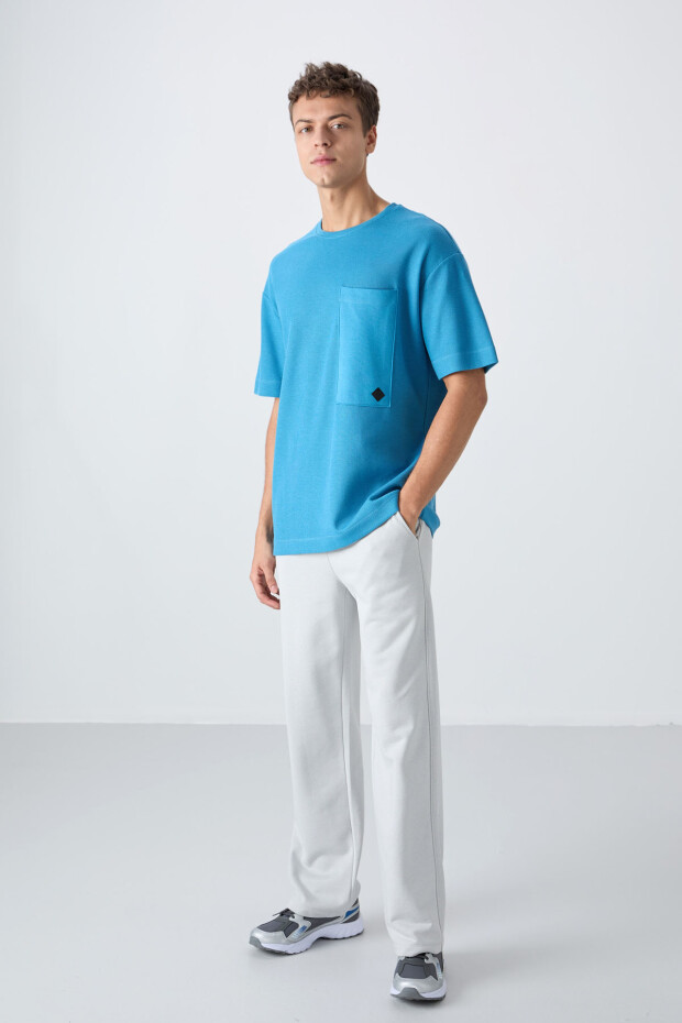 Petrol Mavi Pamuklu Kalın Yüzeyi Dokulu Oversize Fit Basic Erkek T-Shirt - 88341 - 2