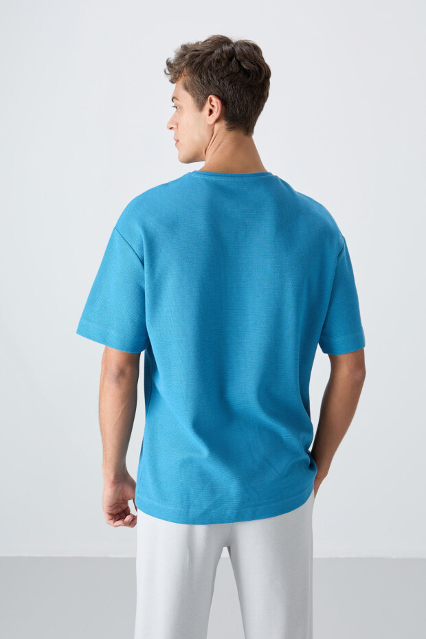 Petrol Mavi Pamuklu Kalın Yüzeyi Dokulu Oversize Fit Basic Erkek T-Shirt - 88341 - 5