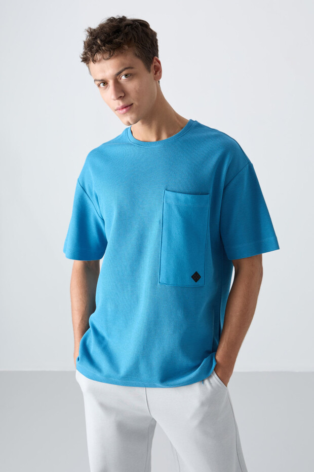 Petrol Mavi Pamuklu Kalın Yüzeyi Dokulu Oversize Fit Basic Erkek T-Shirt - 88341 - 4