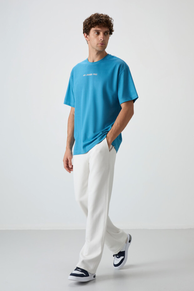 Petrol Mavi Pamuklu Kalın Yüzeyi Dokulu Oversize Fit Baskılı Erkek T-Shirt - 88364 - 3