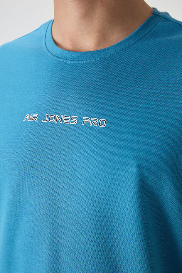 Petrol Mavi Pamuklu Kalın Yüzeyi Dokulu Oversize Fit Baskılı Erkek T-Shirt - 88364 - 2