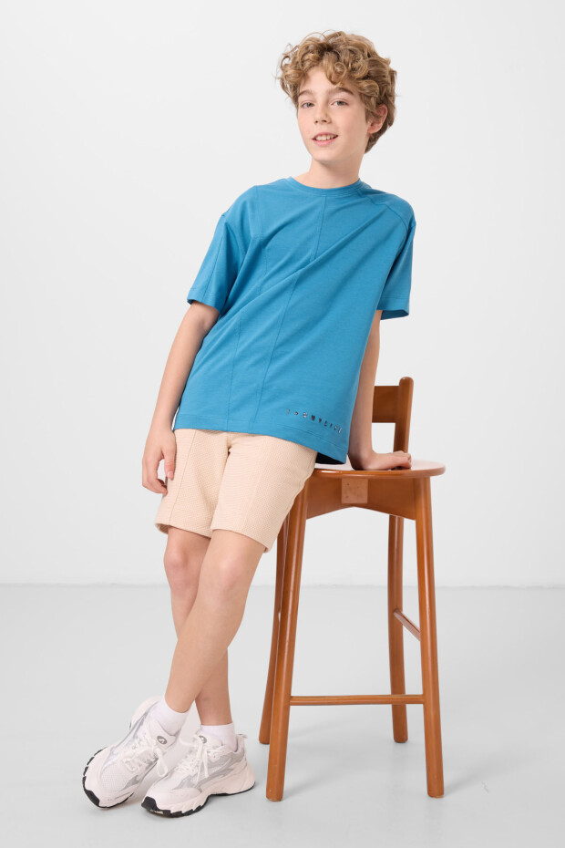 Petrol Mavi Pamuklu Yumuşak Dokulu Oversize Basic Erkek Çocuk T-Shirt - 11297 - 1