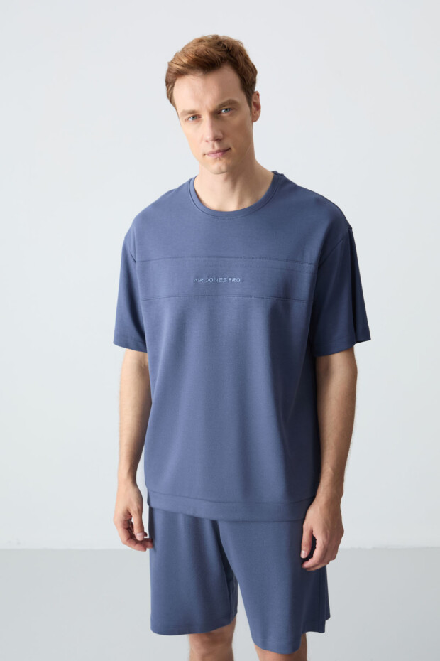 Petrol Pamuklu Kalın Yumuşak Dokulu Oversize Fit Basic Erkek Şort Takım - 85257 - 2