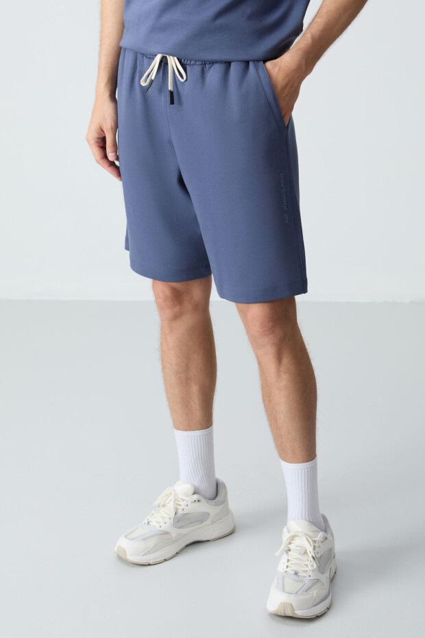 Petrol Pamuklu Kalın Yumuşak Dokulu Oversize Fit Basic Erkek Şort Takım - 85257 - 4
