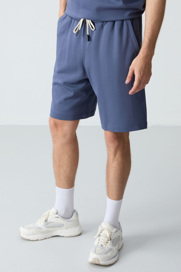 Petrol Pamuklu Kalın Yumuşak Dokulu Oversize Fit Basic Erkek Şort Takım - 85257 - 6