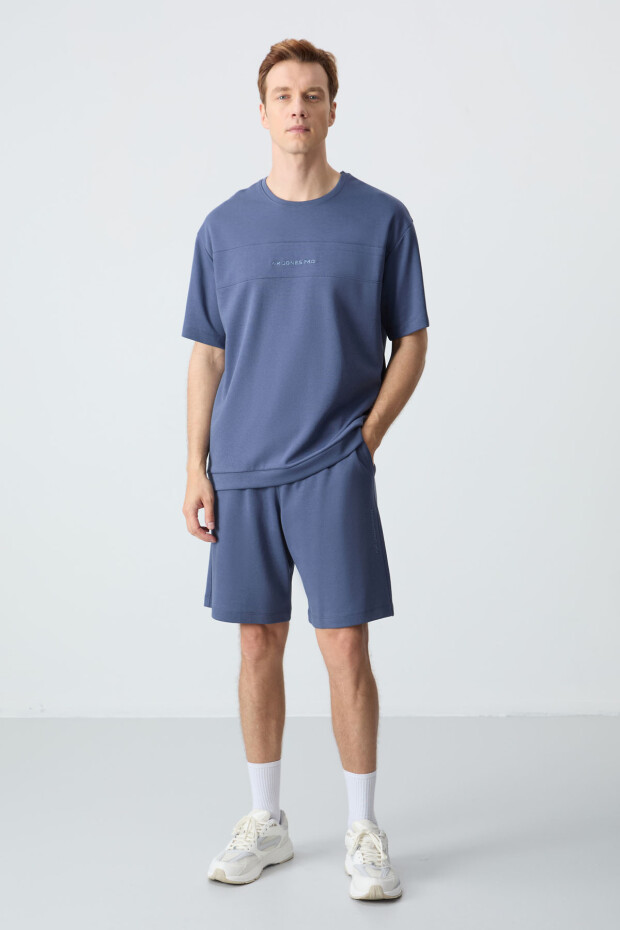 Petrol Pamuklu Kalın Yumuşak Dokulu Oversize Fit Basic Erkek Şort Takım - 85257 - 1