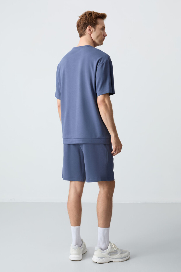 Petrol Pamuklu Kalın Yumuşak Dokulu Oversize Fit Basic Erkek Şort Takım - 85257 - 8