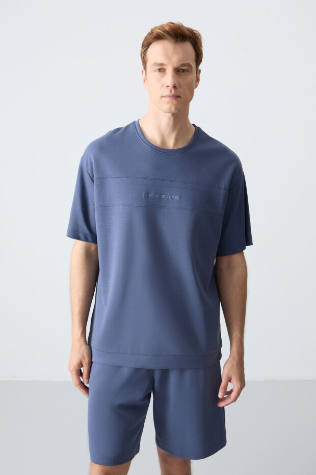 Petrol Pamuklu Kalın Yumuşak Dokulu Oversize Fit Basic Erkek Şort Takım - 85257 - 7