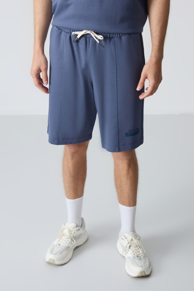 Petrol Pamuklu Kalın Yumuşak Dokulu Oversize Fit Basic Erkek Şort Takım - 85259 - 3