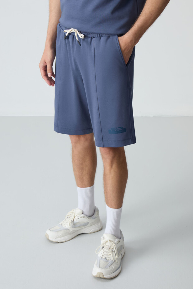 Petrol Pamuklu Kalın Yumuşak Dokulu Oversize Fit Basic Erkek Şort Takım - 85259 - 5