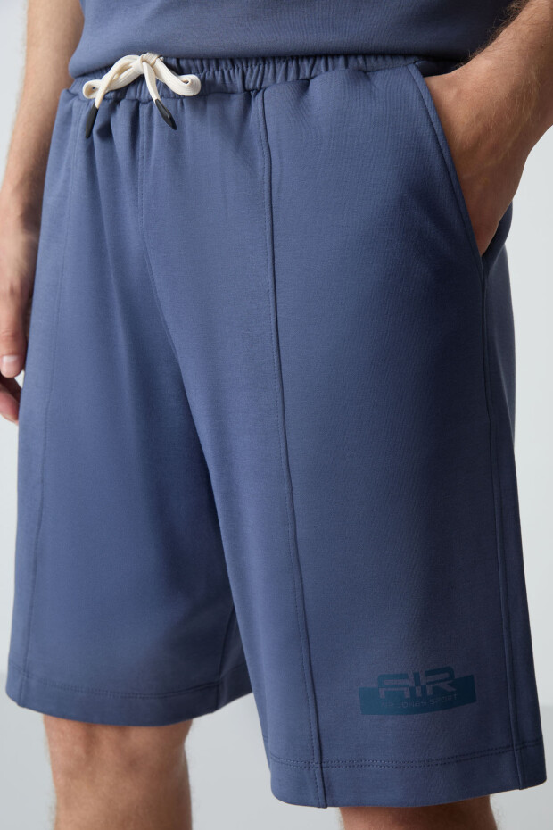 Petrol Pamuklu Kalın Yumuşak Dokulu Oversize Fit Basic Erkek Şort Takım - 85259 - 6