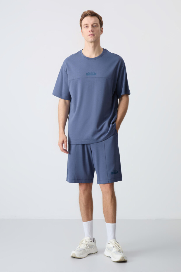 Petrol Pamuklu Kalın Yumuşak Dokulu Oversize Fit Basic Erkek Şort Takım - 85259 - 7