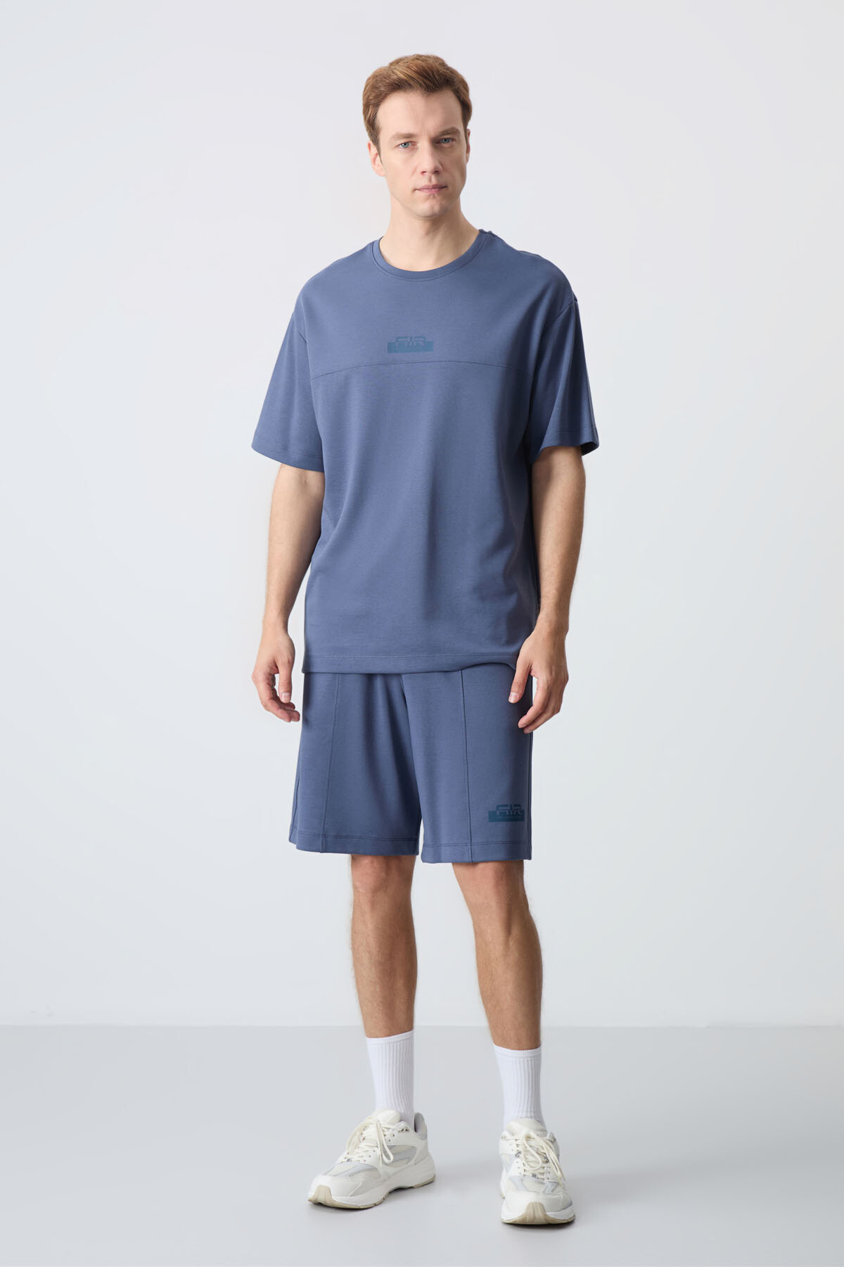 Petrol Pamuklu Kalın Yumuşak Dokulu Oversize Fit Basic Erkek Şort Takım - 85259 - Air Jones