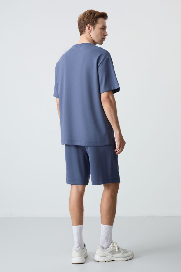 Petrol Pamuklu Kalın Yumuşak Dokulu Oversize Fit Basic Erkek Şort Takım - 85259 - 9