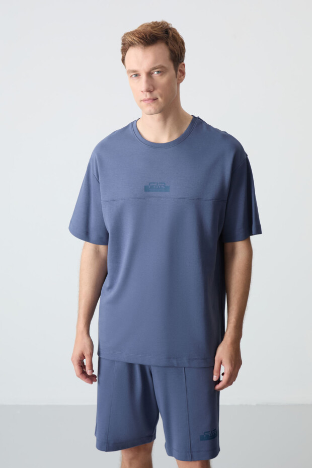 Petrol Pamuklu Kalın Yumuşak Dokulu Oversize Fit Basic Erkek Şort Takım - 85259 - 8