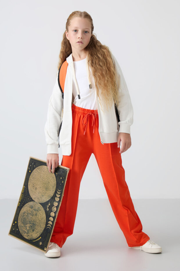 Portakal Cepli Ön Dikiş Detaylı Geniş Paça Kız Çocuk Eşofman Altı -75144 - 3