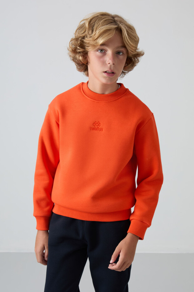 Portakal Pamuklu Kalın İçi Tüylü Yumuşak Dokulu Standart Fit Nakışlı Erkek Çocuk Sweatshirt - 11232 - 3