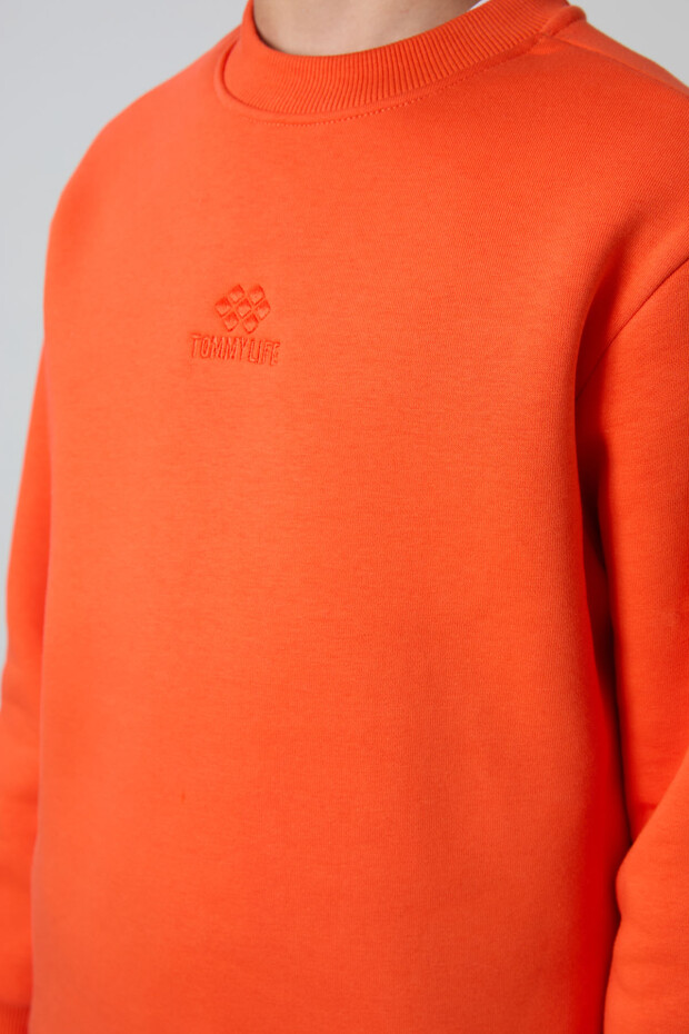Portakal Pamuklu Kalın İçi Tüylü Yumuşak Dokulu Standart Fit Nakışlı Erkek Çocuk Sweatshirt - 11232 - 4