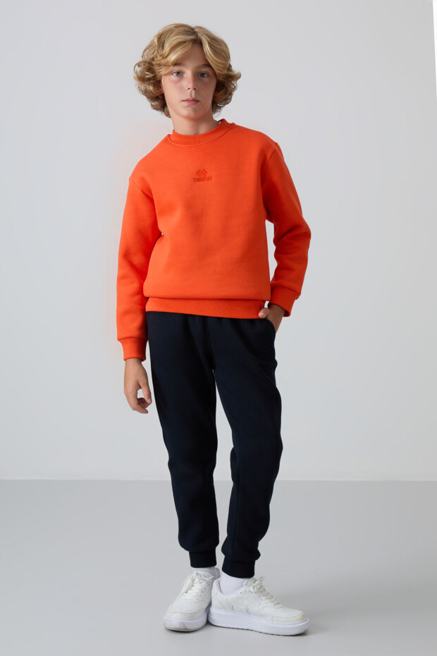 Portakal Pamuklu Kalın İçi Tüylü Yumuşak Dokulu Standart Fit Nakışlı Erkek Çocuk Sweatshirt - 11232 - 2