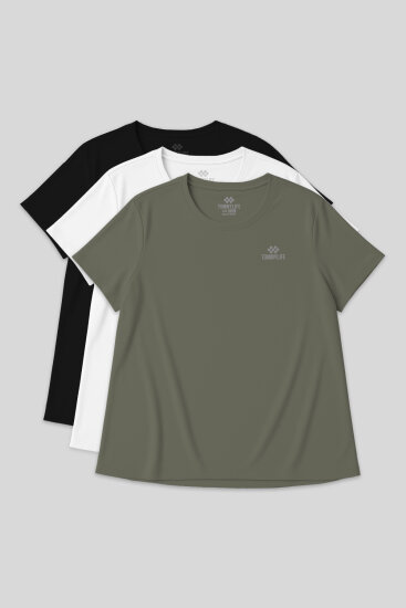 Rahat Form 3'lü Paket Siyah-Beyaz-Haki Büyük Beden Performans Kadın T-Shirt-97308 