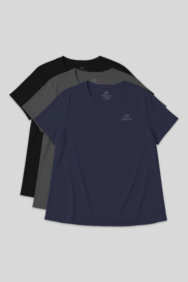 Rahat Form 3'lü Paket Siyah-İndigo-Koyu Gri Büyük Beden Performans Kadın T-Shirt-97308 