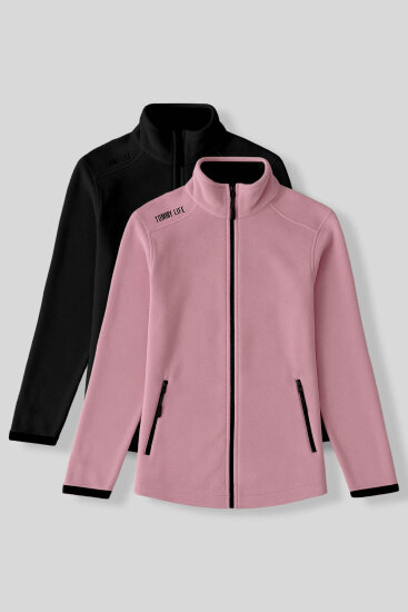 Rahat Form Dik Yaka 2'li Paket Siyah-Gül Kurusu Kadın Polar Sweatshirt - 97173 