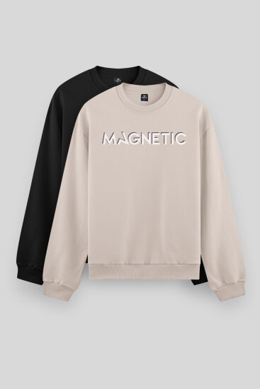Rahat Form O Yaka 2'li Paket Siyah-Camel Erkek Sweatshirt - 88020 