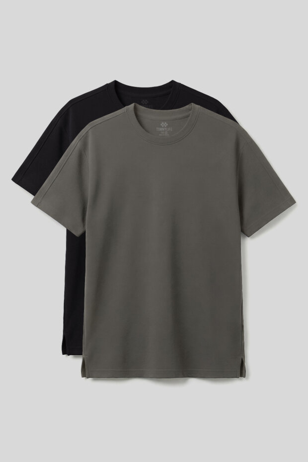 Rahat Form O Yaka 2'li Paket Siyah-Haki Erkek T-Shirt - 88495 - 1