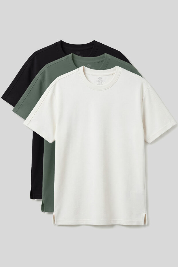 Rahat Form O Yaka 3'lü Paket Siyah-Ekru-Açık Yeşil Erkek T-Shirt - 88495 - 1